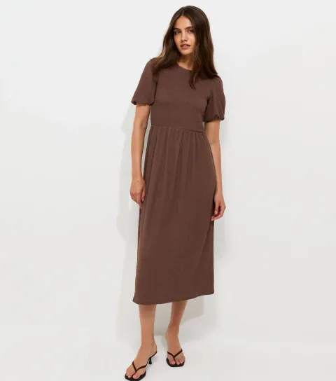 New Look Women's Dark Brown Shirred Bodice Textured Midi Dress