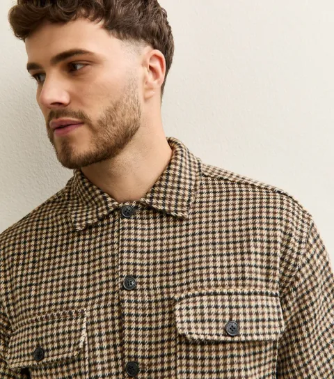 Men's Brown Check Long Sleeve Heavyweight Overshirt