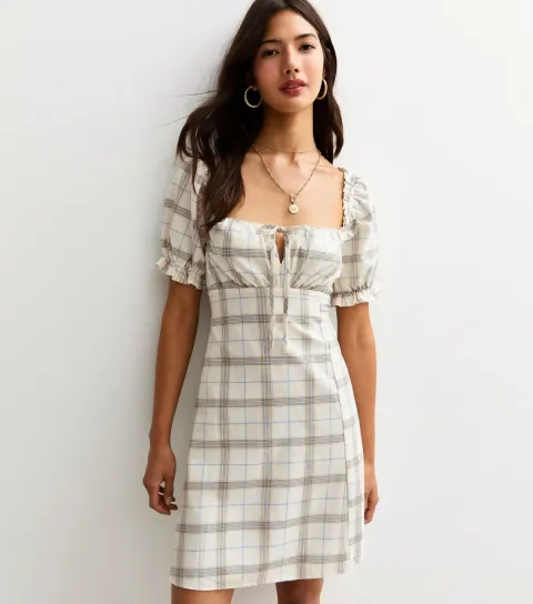 Women's Cream Checked Milkmaid Mini Dress