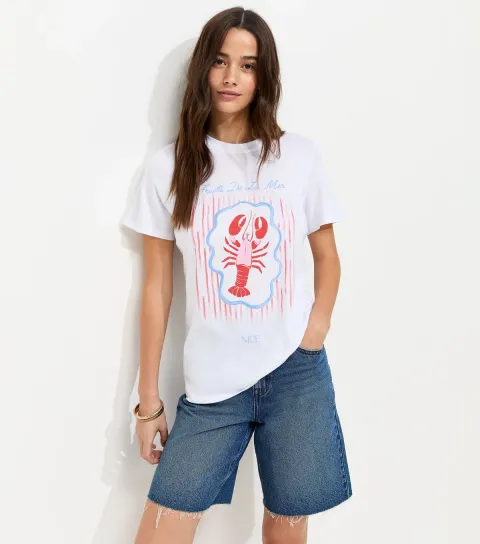 Women's White Cotton Lobster Print Relaxed T-Shirt