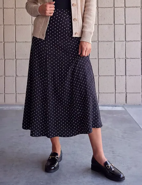Polka Dot Stretch Midi Skirt Black Mix