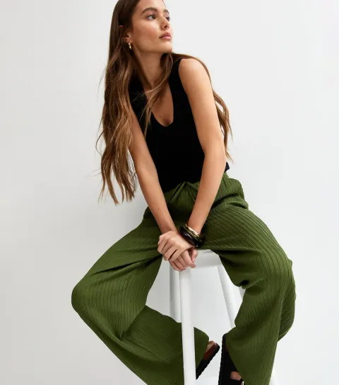 New Look Women's Khaki Textured Jersey Wide Leg Trousers