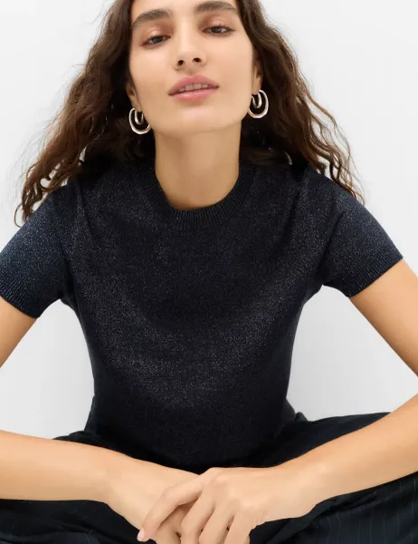 Marks & Spencer Sparkly Crew Neck Slim Fit Knitted Top Navy Mix