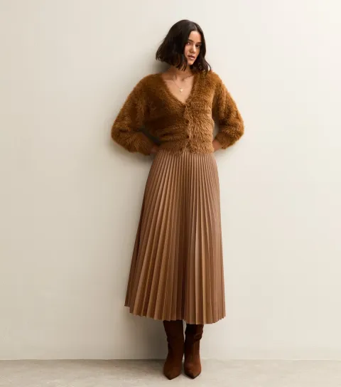 Women's Brown Faux Leather Pleated Midi Skirt