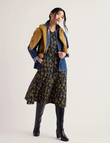 Seasalt Cornwall Cotton Rich Floral Midi Waisted Dress Navy Mix
