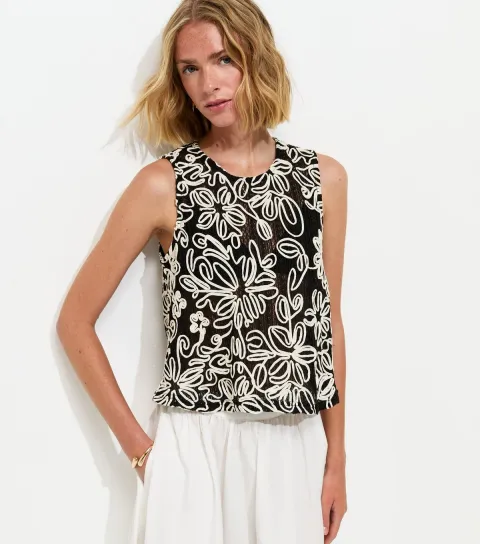Women's Black Floral Appliqué Sleeveless Top