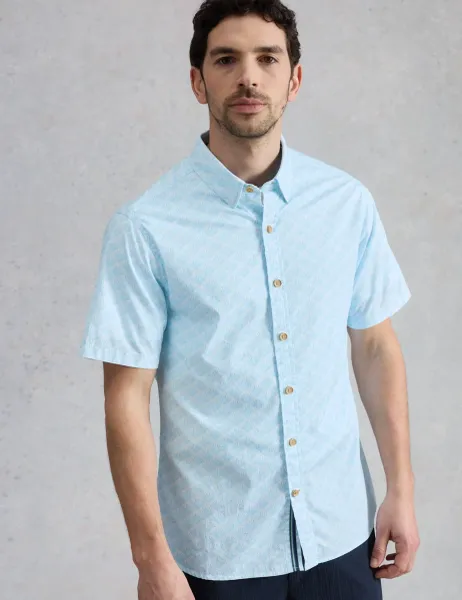 White Stuff Cotton Rich Printed Short Sleeve Shirt Blue Mix