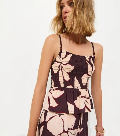 Women's Brown Hibiscus Print shirred Cami Top
