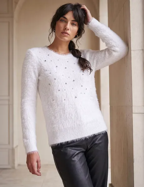 Roman Embellished Fluffy Crew Neck Jumper Ivory