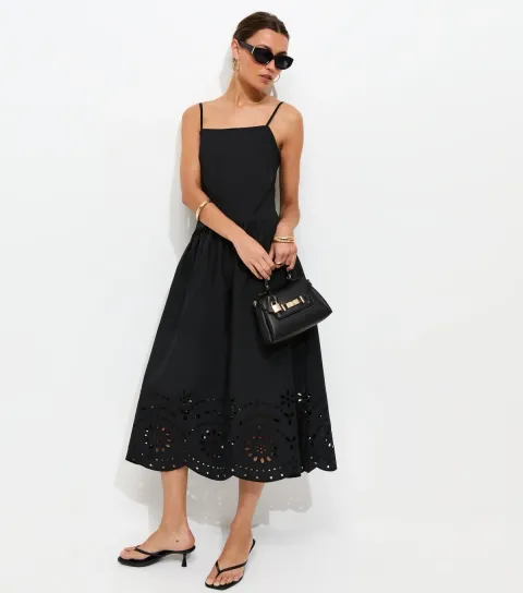 Women's Black Broderie Anglaise Hem Cami Midi Dress