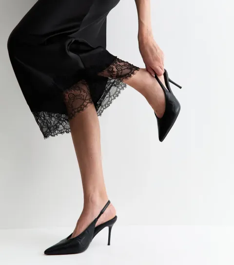 Women's Black Faux Leather Crocodile Embossed Pointed Toe Slingback Heels Vegan