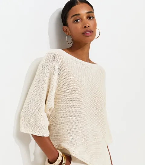 Women's Off White Open Knit Asymmetric Hem Slash Neck Top