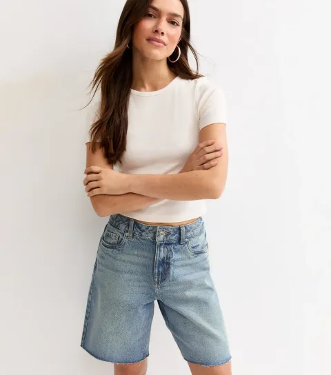Women's Petite Light Blue Raw Hem Denim Bermuda Shorts