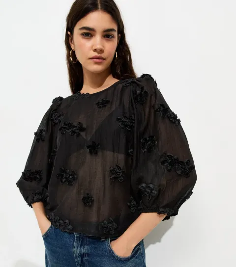 Women's Black Floral Appliqué Cropped Sleeve Smock Top