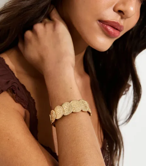 Gold Tone Beaten Coin Stretch Bracelet