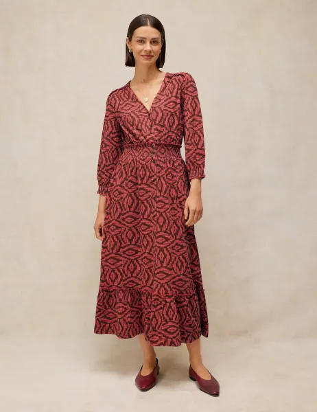 White Stuff Jonie Pure Cotton Printed Shirred Detail Midi Dress Plum