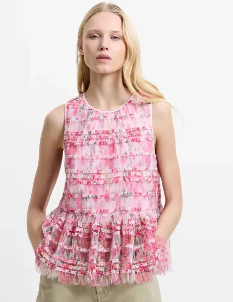 French Connection Mesh Floral Frill Detail Top Pink Mix