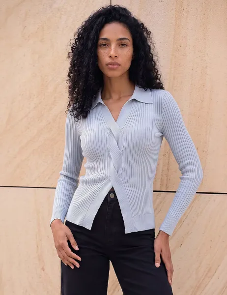 Roman Collared Ribbed Cable Knit Jumper Light Grey Mix