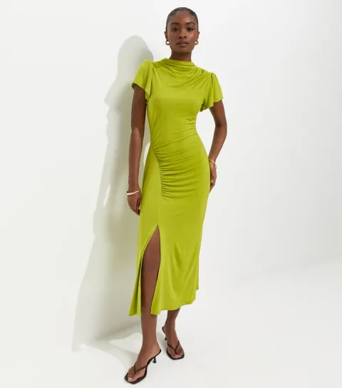 Women's Bright Green Ruched Short Sleeve Midi Dress
