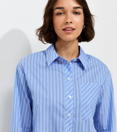 Women's Blue Button Back Striped Long Sleeve Shirt