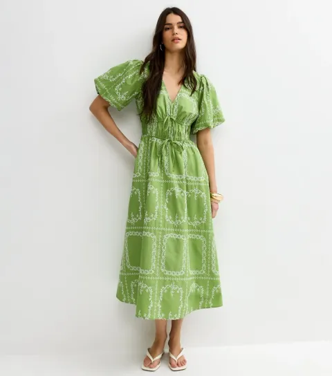 Women's Bright Green Embroidered Puff Sleeve Midi Dress