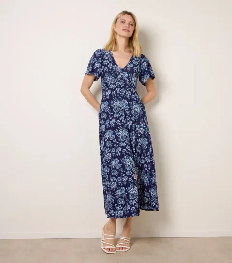 Women's Floral Blue Button Through Midi Dress