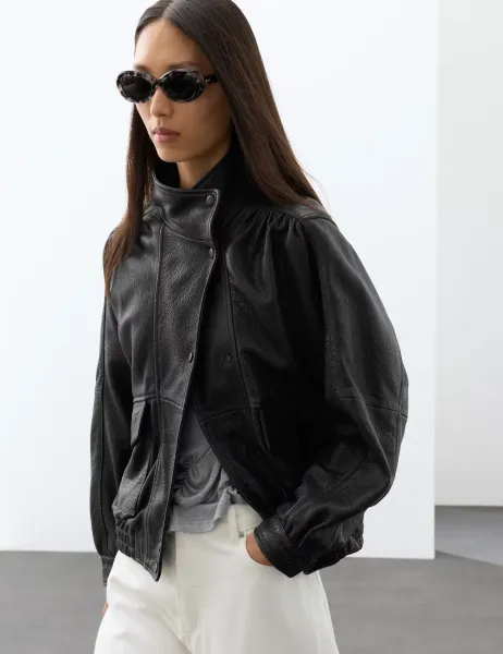 Autograph Leather Funnel Neck Bomber Jacket Black
