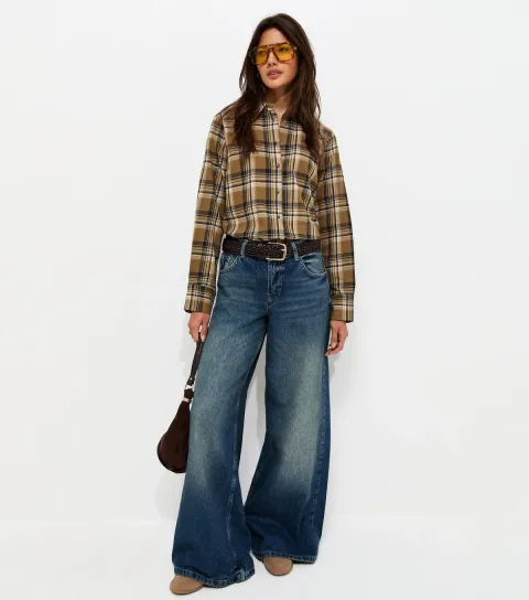 Women's Brown Cotton Check Long Sleeve Shirt