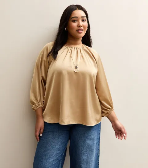 Women's Plus Size Gold Satin Crew Neck Blouse Curves