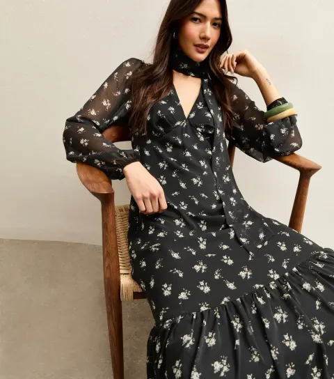 Women's Black Ditsy Floral Bow Chiffon Midi Dress