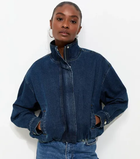 Women's Blue Cotton Funnel Neck Denim Jacket