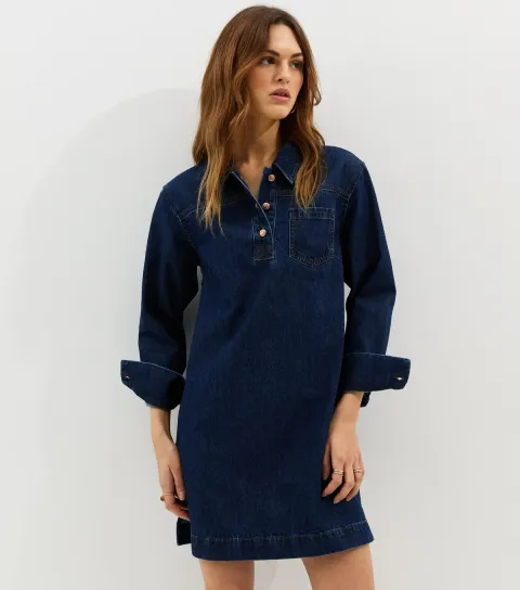 Women's Blue Denim Long Sleeve Mini Shirt Dress