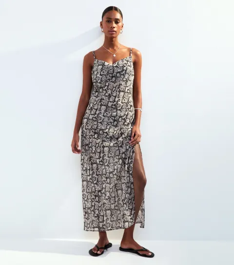Women's Black Snake Print Cowl Neck Maxi Beach Dress