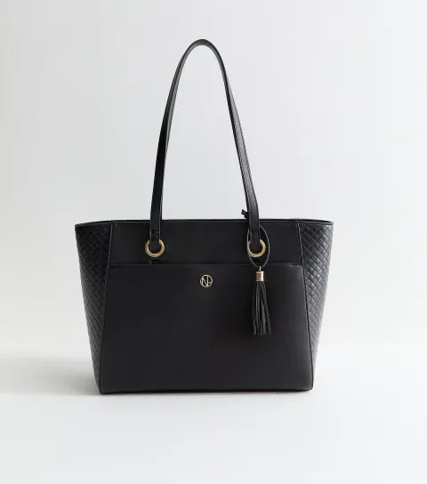 Black Faux Leather Woven Effect Panelled Tote Bag Vegan