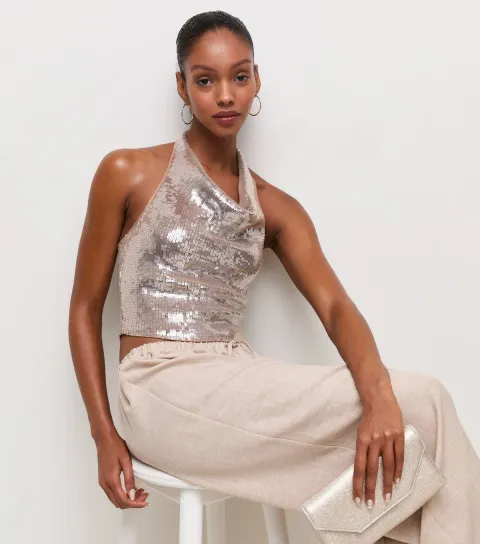 Women's Mink Sequin Embellished Cowl Neck Halter Top