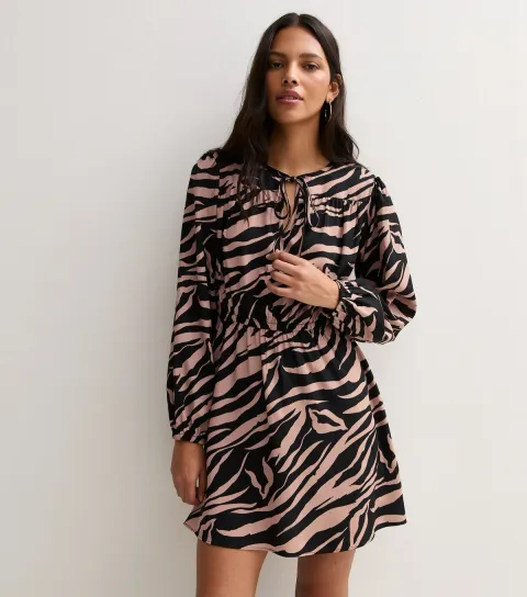 New Look Women's Light Pink Zebra Print Neck Tie Long Sleeve Mini dress
