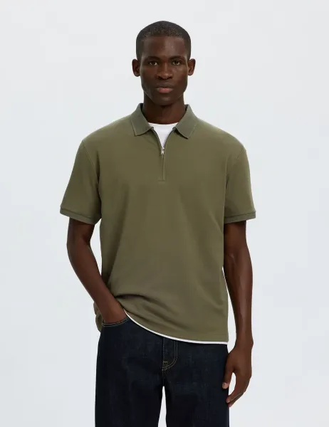Selected Cotton Blend Half Zip Polo Shirt Green