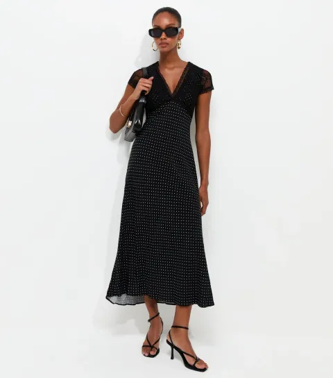 Women's Tall Black Spot Print Lace Bust Midi Dress