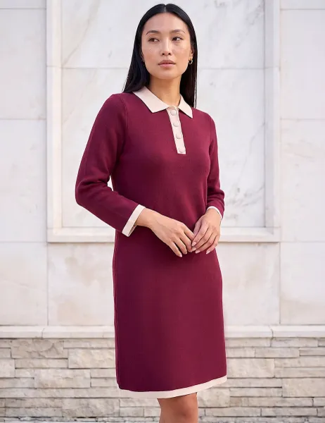 Roman Button Detail Asymmetric Neck Knee Length Dress Burgundy Mix
