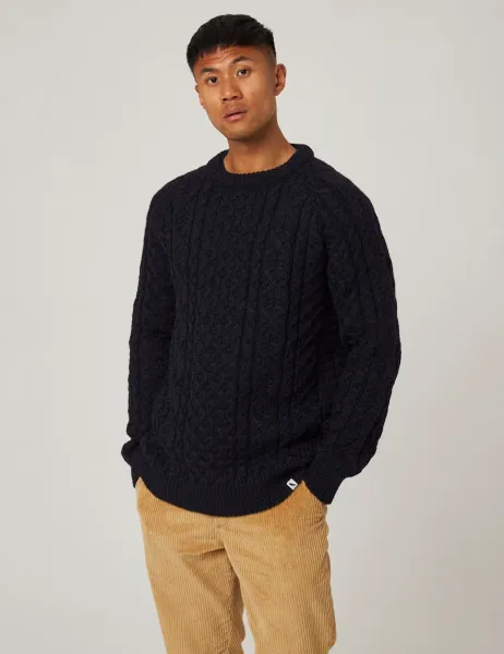 Peregrine Pure Wool Cable Crew Neck Jumper Navy