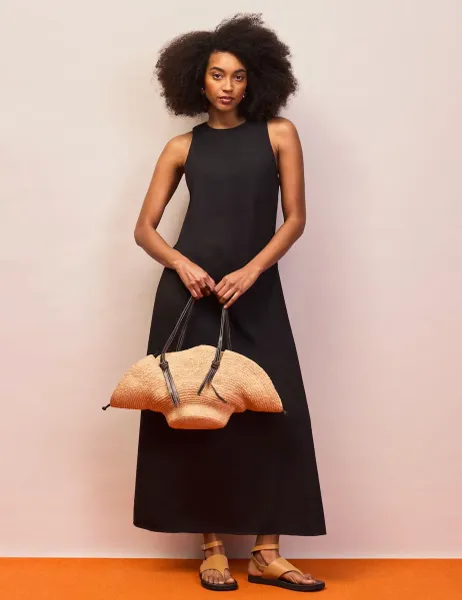 RO&ZO Cotton Blend Midaxi Column Dress with Linen Black