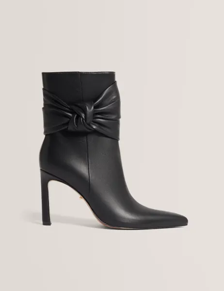 Leather Side Knot Stiletto Heel Ankle Boots Black