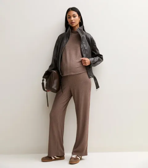 New Look Women's Maternity Mink Soft Touch Ribbed Wide Leg Trousers