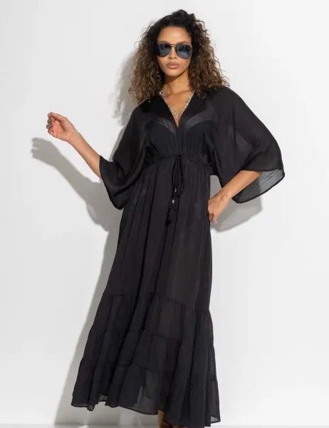 Pour Moi Tassel Trim Tiered Maxi Kaftan Black