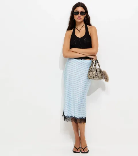 Women's Light Blue Diagonal Stripe Lace Trim Satin Skirt