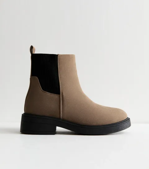 Women's Wide Fit Light Brown Faux Suede Chunky Sole Chelsea Ankle Boots Vegan