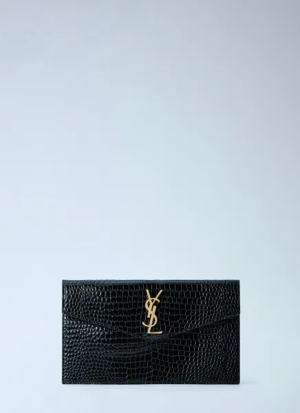 Uptown Crocodile-Embossed Shiny Leather Pouch