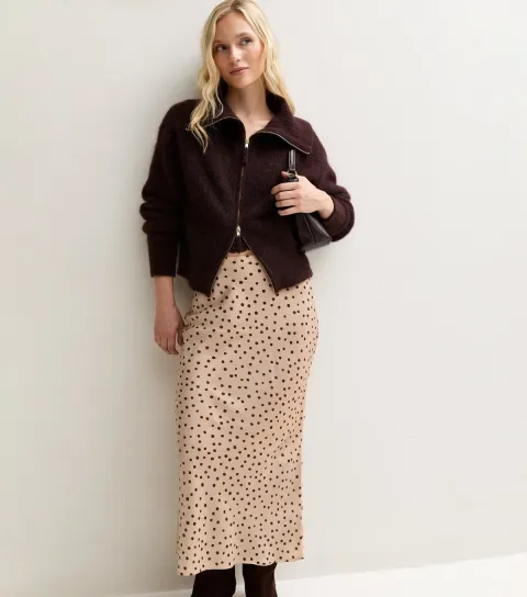 New Look Women's Petite Brown Spot Pattern Midi Skirt