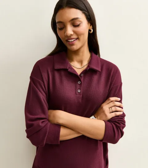 Women's Maternity Burgundy Soft Touch Longline Polo Top