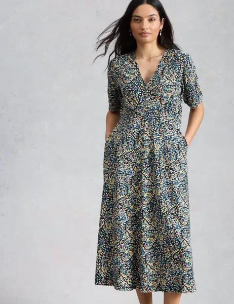 White Stuff Cotton Blend V-Neck Midi Tea Dress Navy Mix